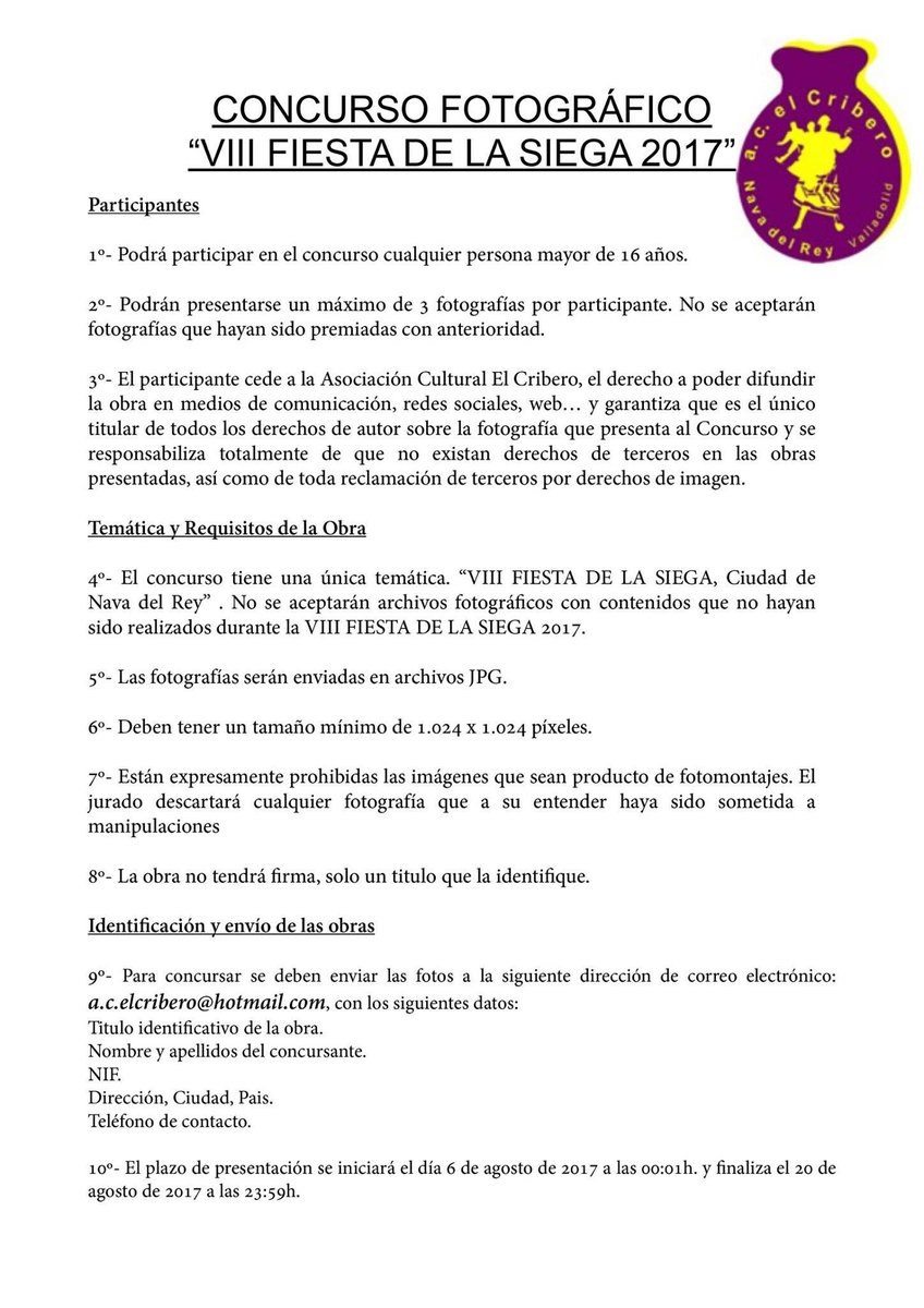 ELCRIBERO's tweet photo. Os dejamos las bases del concurso fotográfico VIII FIESTA DE LA SIEGA https://t.co/ZOsV6kfFGS