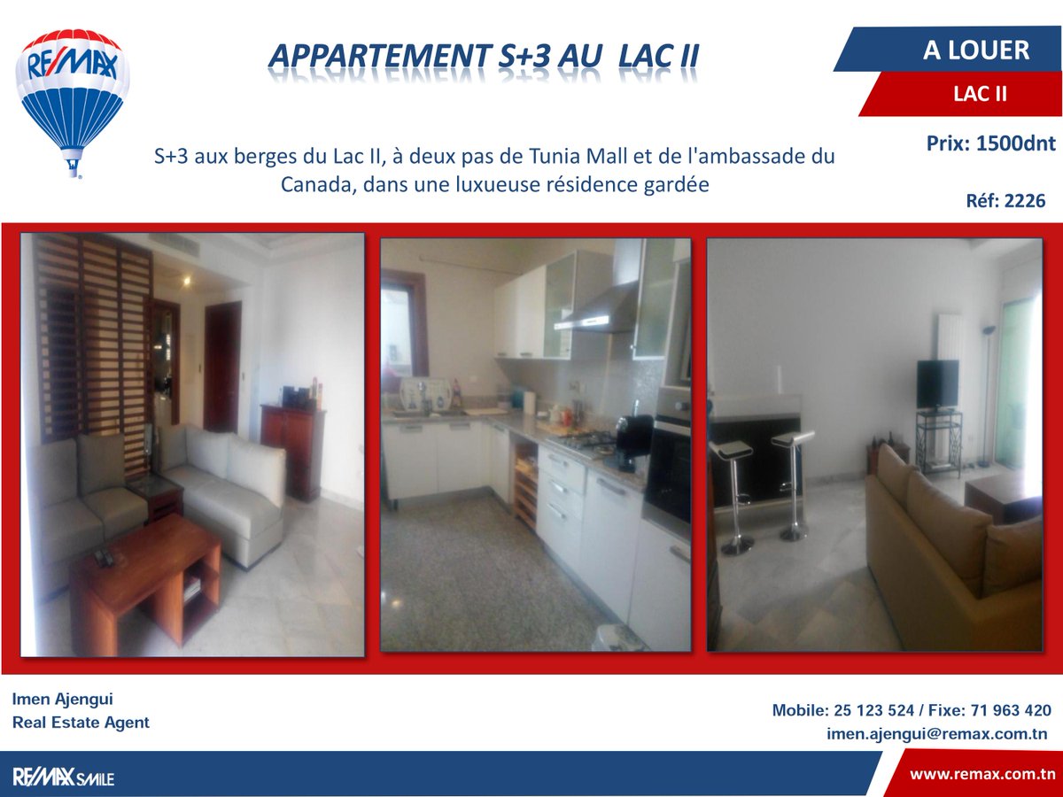 REMAXSmile's tweet photo. #ALOUER appartement S+3 au #LACII
@AjenguiImen
Real Estate Agent
📞 Mobile: 25 123 524
✉ E-mail : imen.ajengui@remax.com.tn https://t.co/FAr8yC5jmq