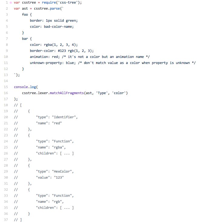 New feature of upcoming CSSTree: match AST fragments by specified type. Search for all colors/fonts/etc is simple now as never before 🔥