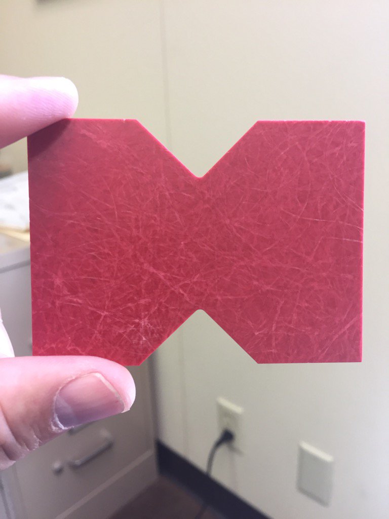 darrylrpeterson's tweet photo. #bow tie specimen.  #fashion trend and standard coupon for shear modulus test ASTM D7078.  #Strain_gages. https://t.co/jMKQ64e3s8