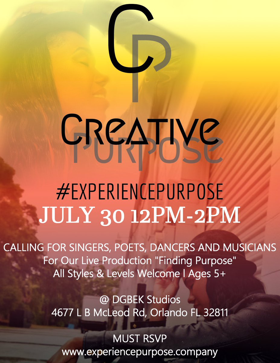 PurposeEXP's tweet photo. 3 Days Left!!! Please RSVP so prep details can be sent #orlandopoets #orlandomusicians #orlandosingers #orlandoartist #orlandodancers https://t.co/l1kV8i55x8
