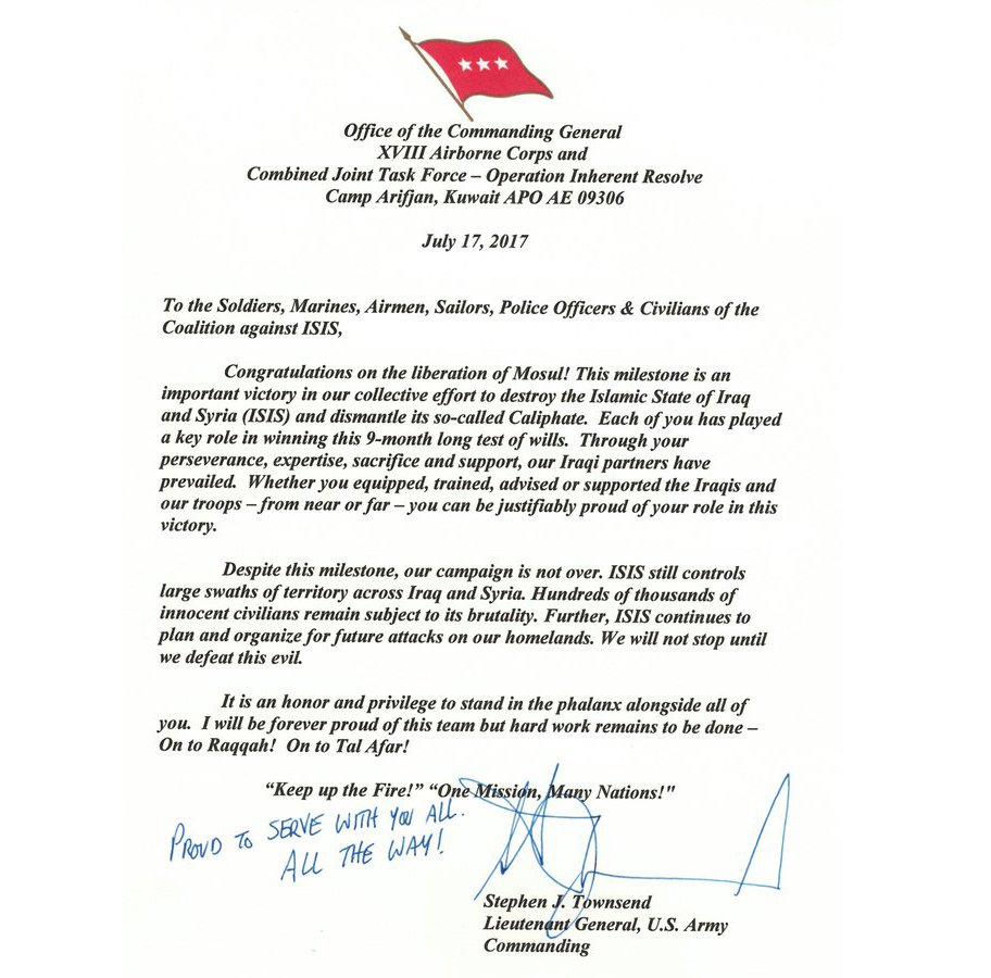 U S Central Command Ltg Stephen Townsend Cg Cjtfoir Sends This Letter To The Service Members And Their Families Who Helped Defeat Isis In Mosul T Co Gxp2wvh8cl U S Central Command Ltg Stephen Townsend Cg Cjtfoir Sends This Letter To The Service Members And Their Families Who Helped Defeat Isis In Mosul T Co Gxp2wvh8cl