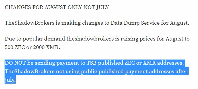 The #ShadowBrokers are changing their payment method, old address leaked e-mails of buyers in the Monero blockchain steemit.com/shadowbrokers/…