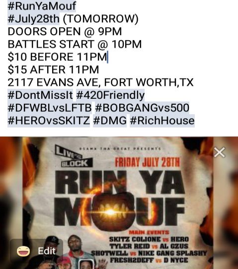 YungH3R0's tweet photo. TOMORROW BE THERE
#July28th #DontMissIt
#DFWBLvsLFTB #BOBGANGvs500 #RunYaMouf #HEROvsSKITZ #DMG #RichHouse https://t.co/GwMwI6nPNx