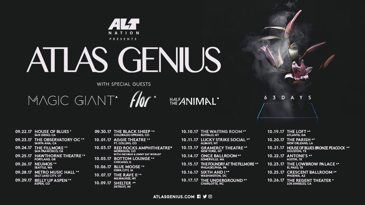 atlasgenius's tweet photo. We’re kicking off #63Days with one of our biggest tours yet. Tickets on sale Friday 8/4, AT&T presale on Tuesday! Listen today on @AltNation https://t.co/jYk9IUVRv6