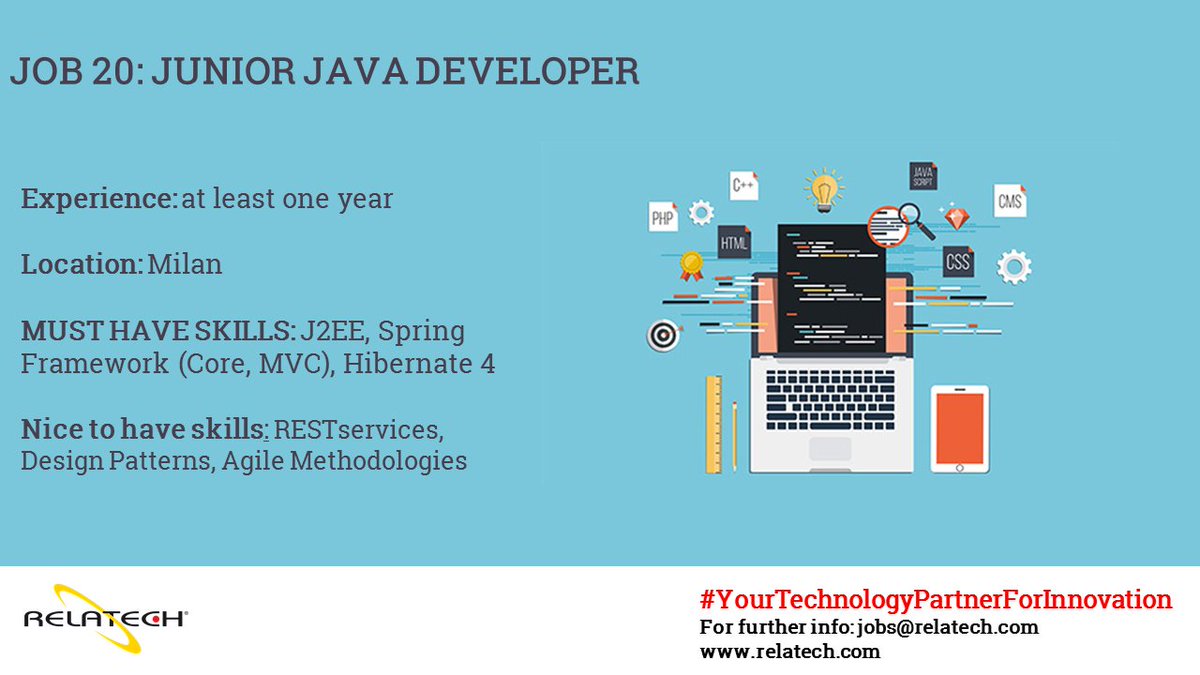 relatechspa's tweet photo. New jobs available in @Relatechsrl
Apply for Junior Developer!!!
Send your resume!!!
https://t.co/eEnV9AiB4L
#elatech #job #juniordeveloper https://t.co/a07FRTJyU4