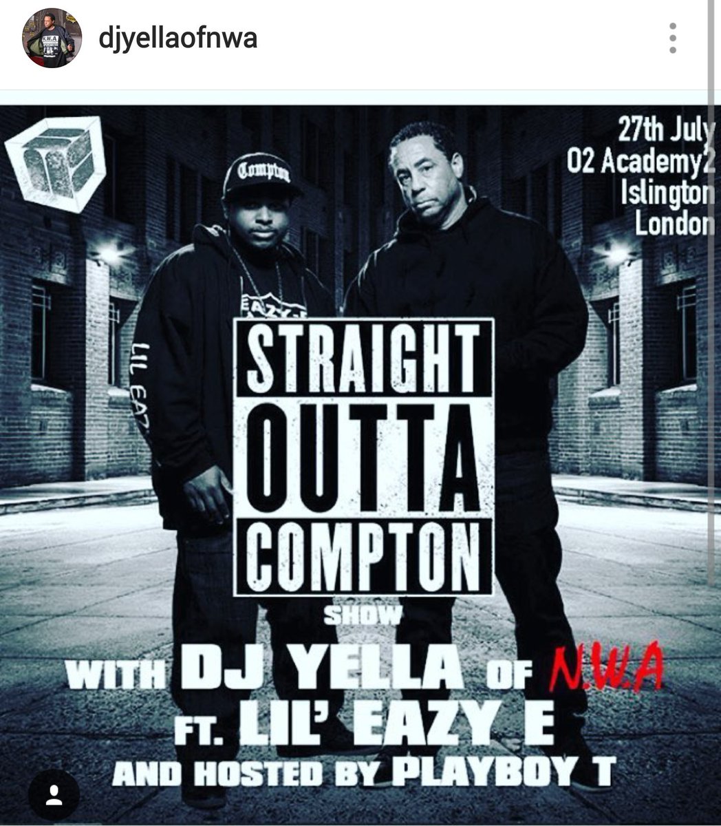 BlackFinnGypsy's tweet photo. #StraightOuttaCompton @DJYELLAOFNWA w. #LilEazyE @ewrightjr lileazy_e &PlayboyT at #O2Academy2 #Islington July27/17 https://t.co/9FKfhWMQfk https://t.co/PQ6gfg4vhO
