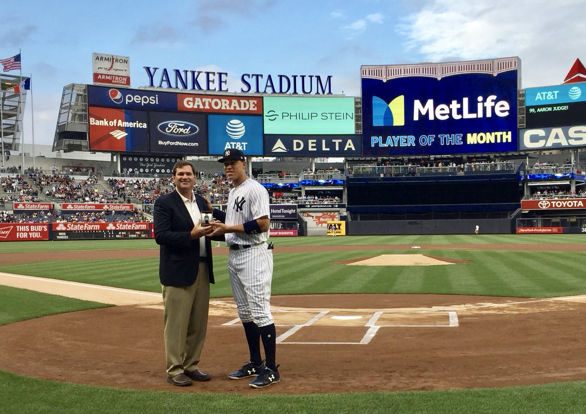 Yankees's tweet photo. In June, @TheJudge44 reached base safely in EVERY SINGLE GAME. Of course he was the @MetLife Player of the Month. https://t.co/iwBNTBH5t4