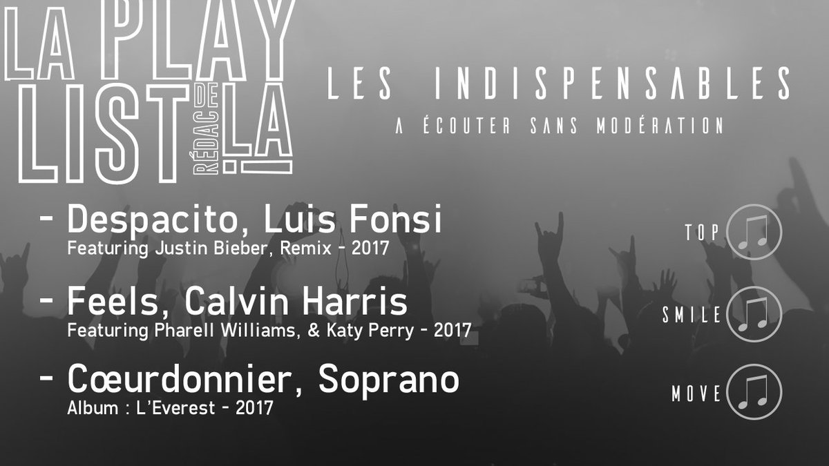 LePostFr's tweet photo. #Despacito, Feels (le son de @CalvinHarris) et @Sopranopsy4 composent #LesIndispensables de #LaPlayListDeLaRédac. https://t.co/18rStg8Igw https://t.co/7yvwQ9OxGw