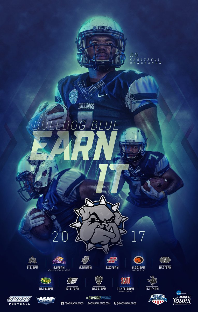 SWOSUAthletics's tweet photo. NOW UNVEILING: 2017 SWOSU Football poster series, sponsored by ASAP Energy, Inc.! #SWOSURising #EarnIt #BulldogBlue https://t.co/BYYakZPEwA