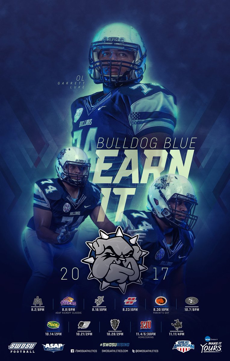 SWOSUAthletics's tweet photo. NOW UNVEILING: 2017 SWOSU Football poster series, sponsored by ASAP Energy, Inc.! #SWOSURising #EarnIt #BulldogBlue https://t.co/BYYakZPEwA