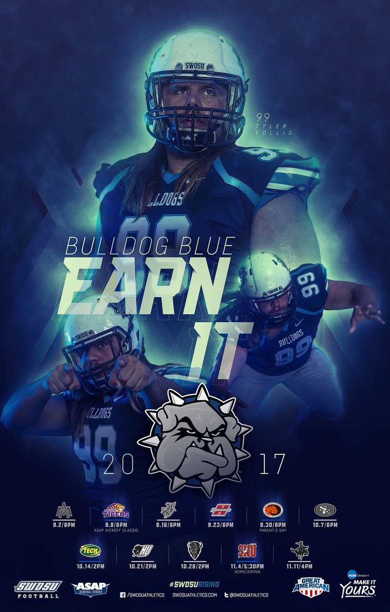 SWOSUAthletics's tweet photo. NOW UNVEILING: 2017 SWOSU Football poster series, sponsored by ASAP Energy, Inc.! #SWOSURising #EarnIt #BulldogBlue https://t.co/BYYakZPEwA