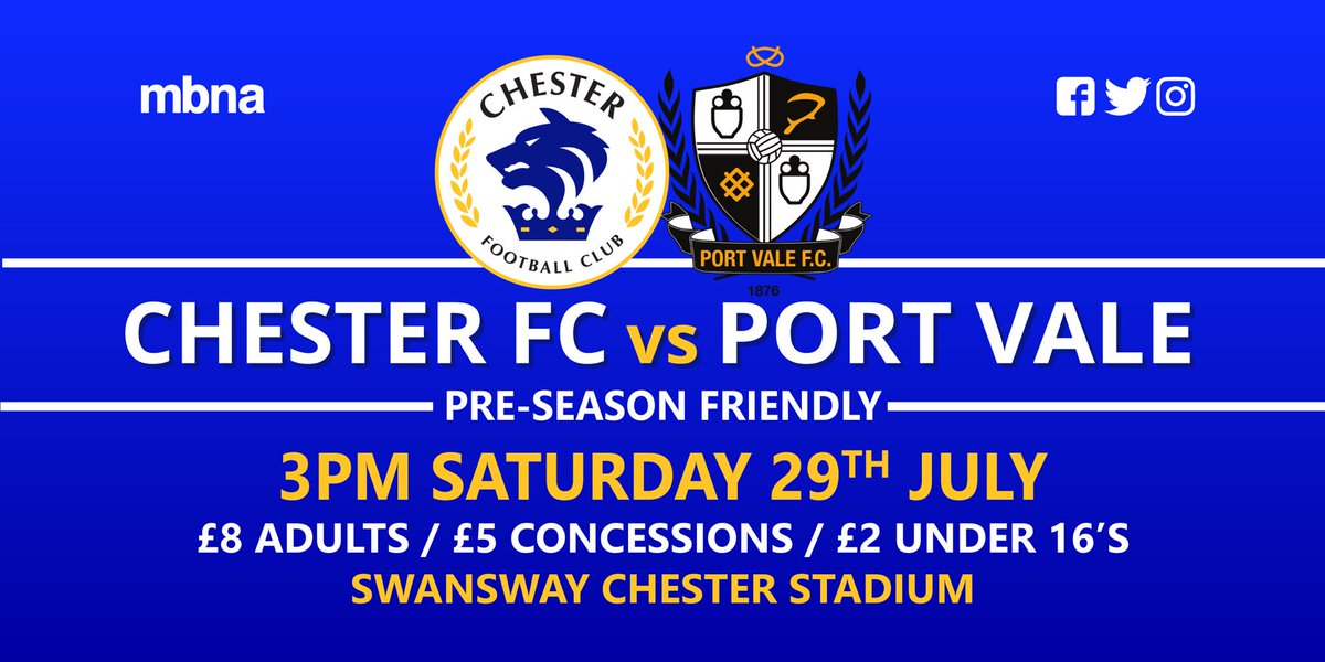 Chester FC (@chesterfc) on Twitter photo 🔵 | It's our final pre-season game before the start of the new @TheNationalLge season - as we host <a href="/OfficialPVFC/">Port Vale Football Club</a> on Saturday. #COYB 🔵 | It's our final pre-season game before the start of the new @TheNationalLge season - as we host <a href="/OfficialPVFC/">Port Vale Football Club</a> on Saturday. #COYB