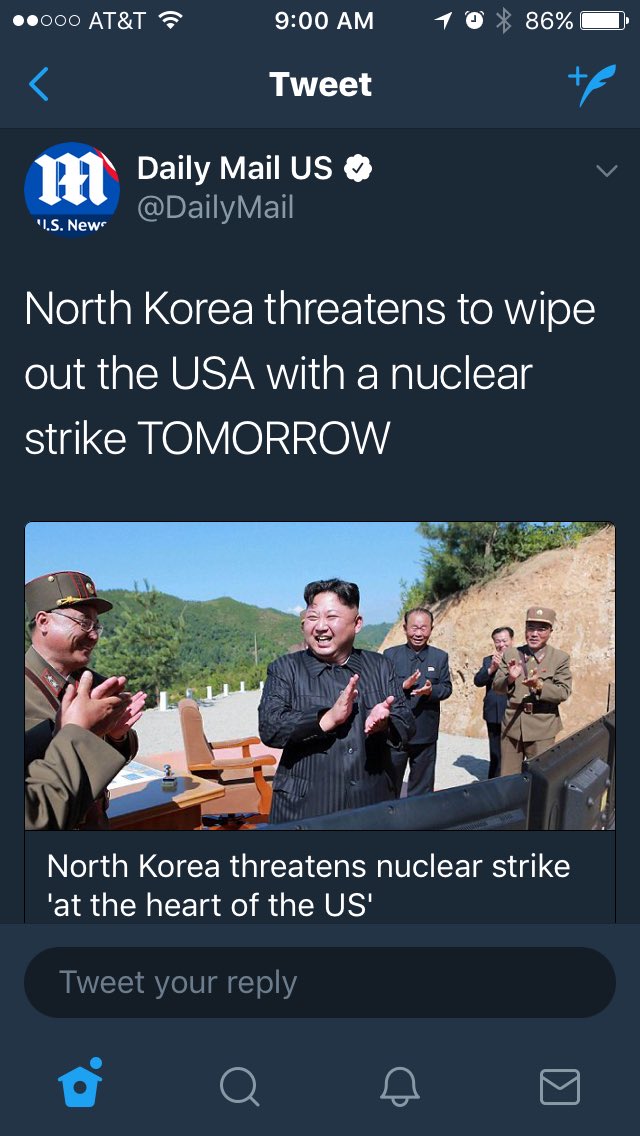 Kav___B's tweet photo. North Korea: let's scare the US with a nuke threat

US: https://t.co/BD4IGYnzfD