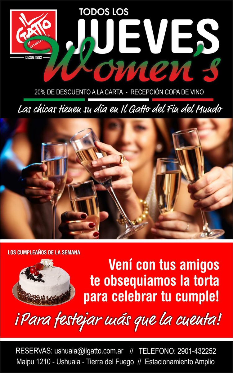 KioscoTraktor's tweet photo. ♦A partir de Hoy y TODOS LOS JUEVES.!
las chicas tienen su lugar en Il Gatto Ushuaia.!
(Jueves Women´s)
♦Maipu 1210 - Reservas: 2901-432252 https://t.co/QQw4NF3afU