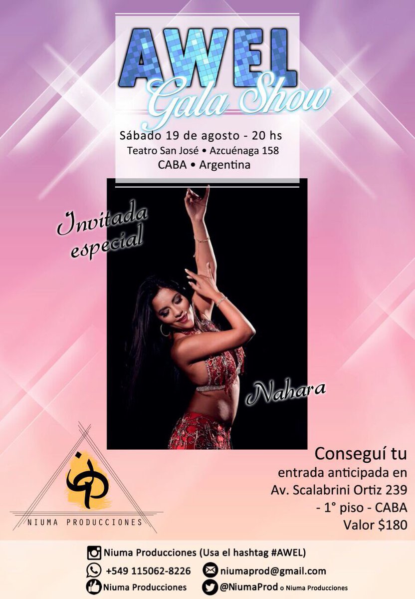 NiumaProd's tweet photo. Invitada Especial a nuestra GALA SHOW de AWEL! Entradas a la venta en la Academia de Danzas Arabes Maiada
Sabado 19/8-20 hs-Teatro San Jose https://t.co/nYokmzIFFP