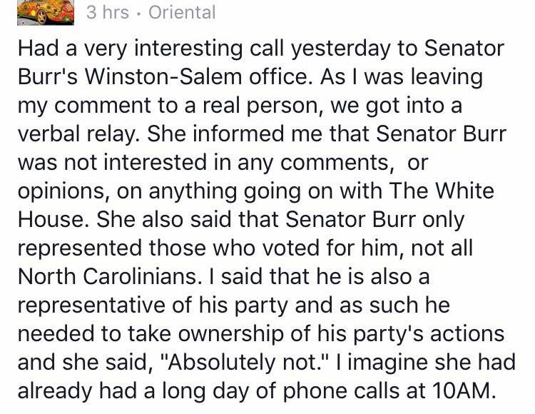 MamaBear7510's tweet photo. Hey @SenatorBurr, just seeing if you have an explanation for your staff's behavior...other than telling a constituent the truth for once. https://t.co/xhkNQCYTEQ