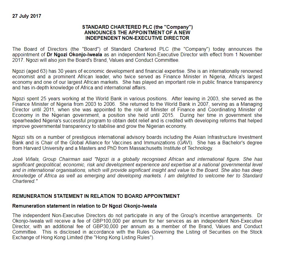 Ngozi Okonjo Iweala will start her new job as a non-exec Director at Standard Chartered PLC, a British multinational banking/financial company Nov 1.