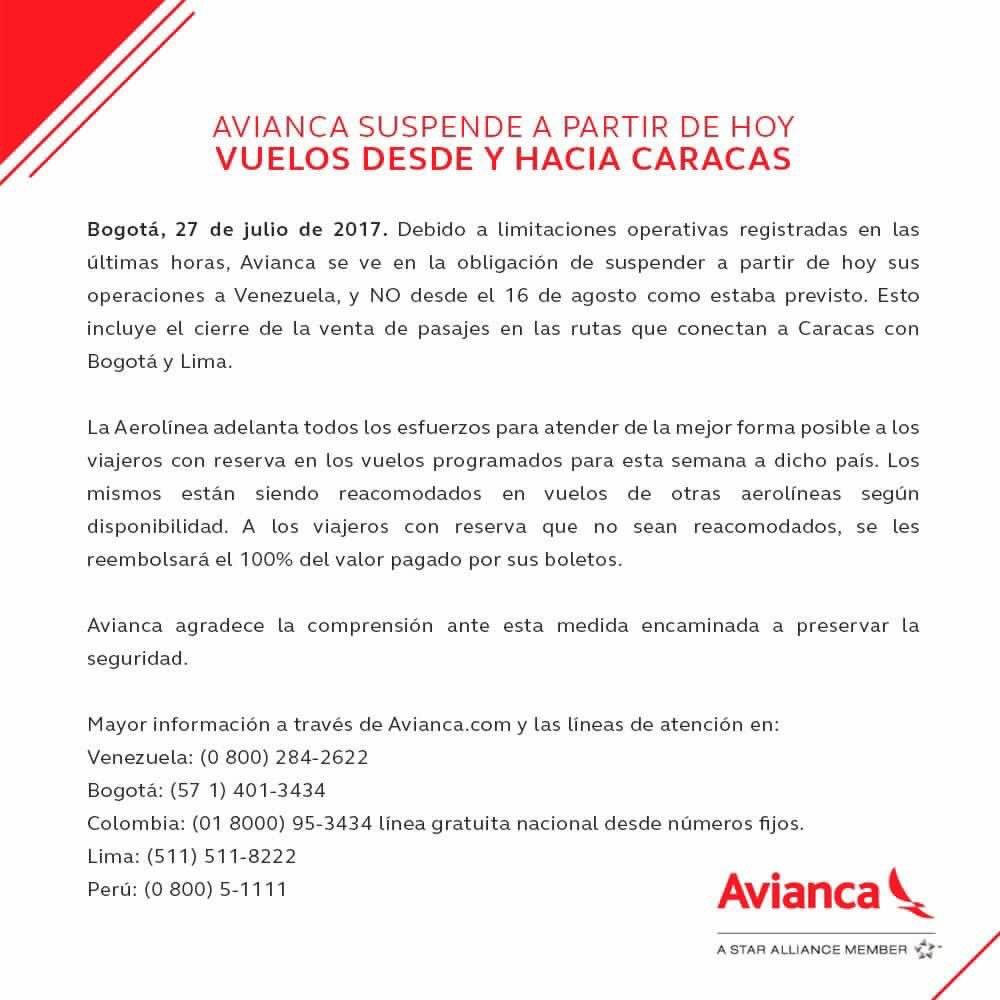 VenePeruTV's tweet photo. Avianca anunció el cese de sus operaciones desde el día de HOY en sus rutas desde y hacia Venezuela #Venezuela https://t.co/xhYKOwmPaU