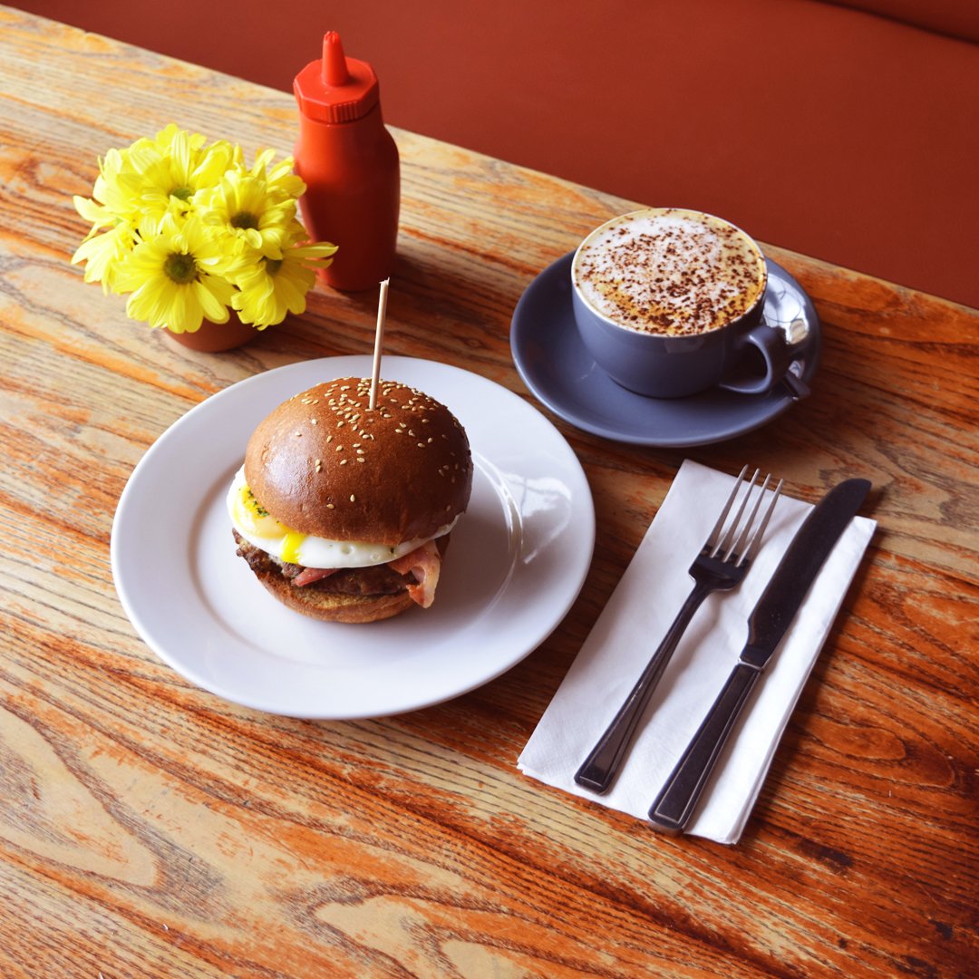 Our Breakfast Burgers come in both meaty and veggie varieties, and now come with a FREE tea or coffee before 12pm Mon - Sat