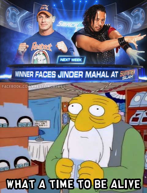 Wrestling_Memes's tweet photo. We live in a world where John Cena and Shinsuke Nakamura are competing for the RIGHT to face a member of 3MB at Summerslam https://t.co/cvMI9saztk