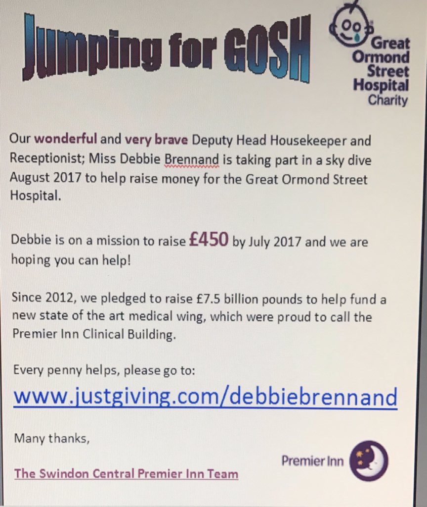Debbie member of staff from <a href="/SwindonCntralPI/">Swindon Central PI</a> needs our help please help her raise the money for GOSH. She is terrified of heights.