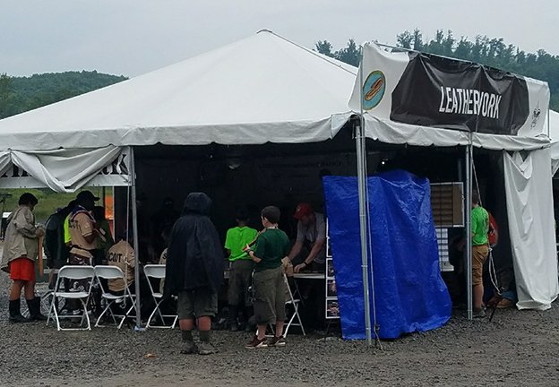 Realeather's tweet photo. Rain?  No problem... #2017Jambo #leather #craft #leatherwork #leathercraft #scouting #realeather  Jamboree https://t.co/mc6ulQK0tp