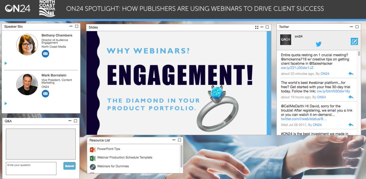 ON24's tweet image. Awesome #ON24webinar today w/ #webinerds @4markb @writegirl1215 @NCoastMedia -- its all about audience engagement!
