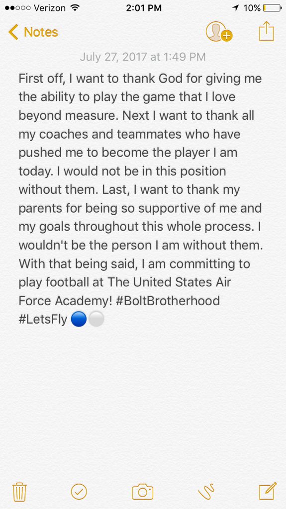 JoshLifson's tweet photo. I'm extremely blessed to announce that I have committed to play football at The United States Air Force Academy! #BoltBrotherhood #LetsFly https://t.co/82xOlhs5Yq
