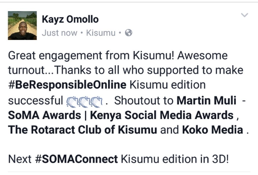 Yaaaaaay! #BeResponsibleOnline @SOMAwards @somaconnectKE <a href="/rotaractkisumu/">The Rotaract Club of Kisumu</a> @thekokomedia