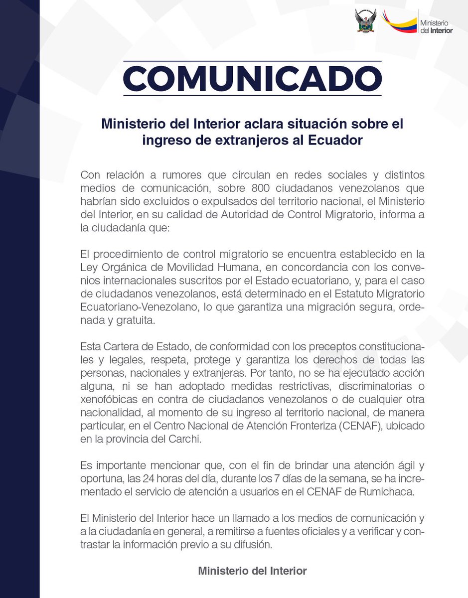MinGobiernoEc's tweet photo. [COMUNICADO] @MinInteriorEc aclara situación sobre el ingreso de extranjeros al Ecuador> https://t.co/8lixVYxX5X https://t.co/nrfTIQiUoB