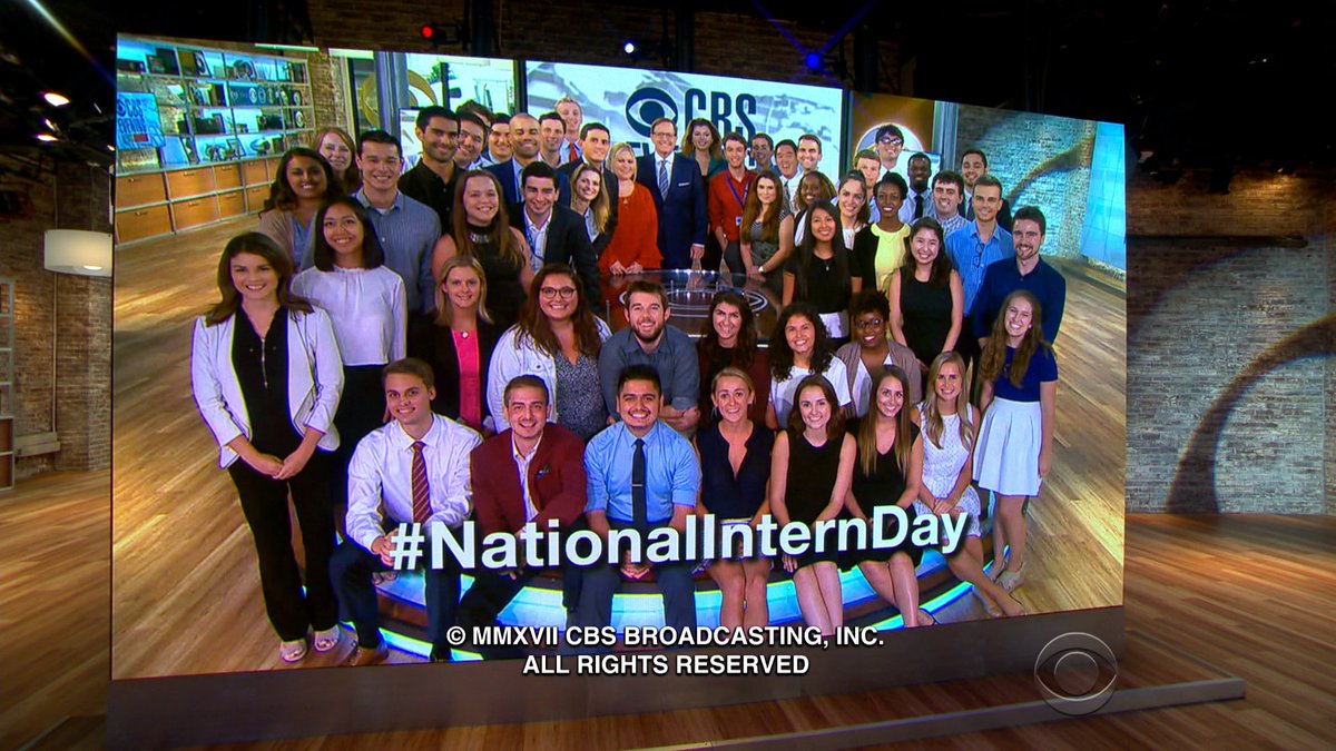 CBSNewsInterns's tweet photo. Celebrating #NationalInternDay on the set of the @CBSEveningNews @CBSNewsInterns made their TV debut on tonight's broadcast! #bestinterns 📺🎥 https://t.co/SMSssO9fhj