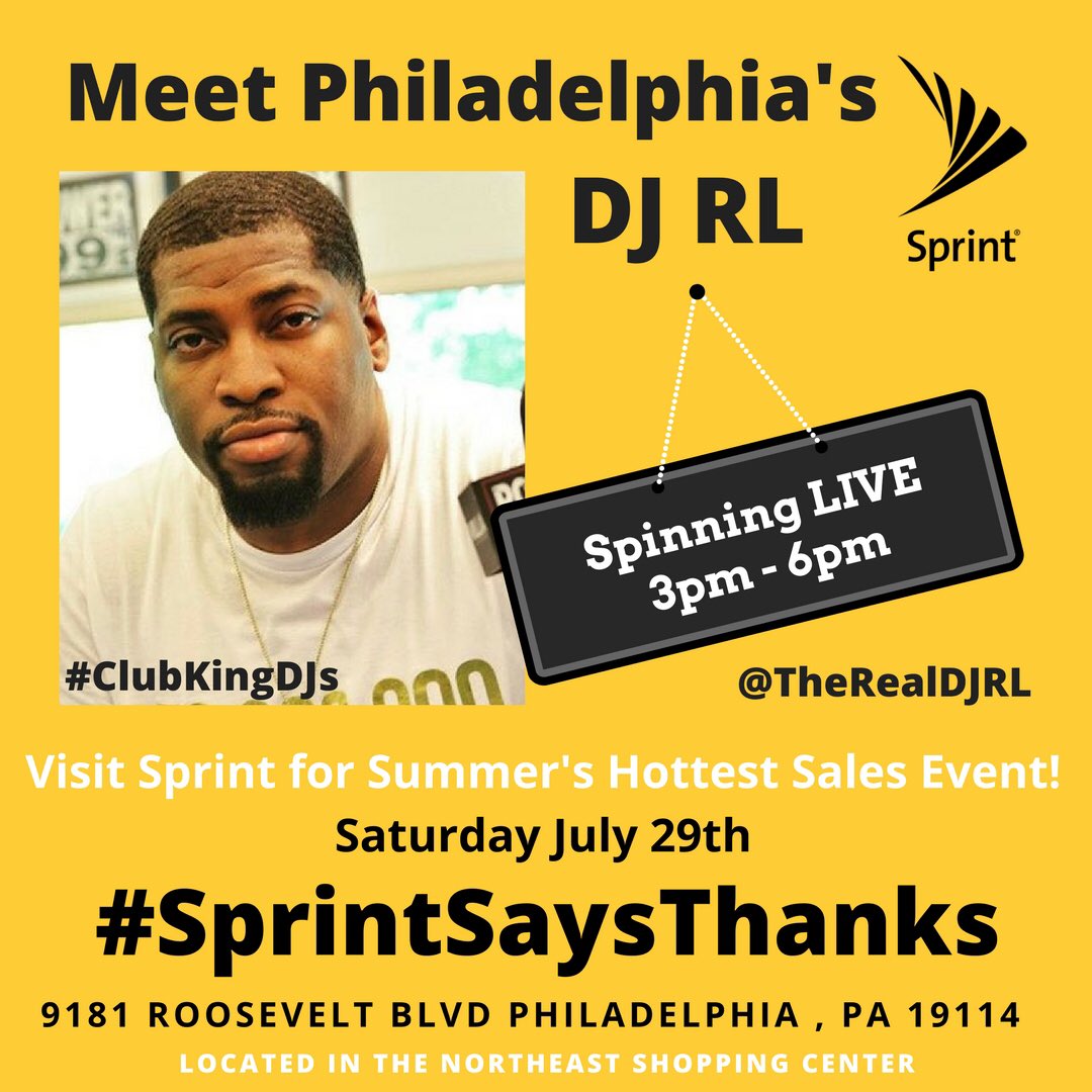 SprintNESC1868's tweet photo. #philly come #Switchandsave sat. July 29th + celebrate 🎉 the savings with our #DjRL 🎧🎤🎶#ClubKingDjs live. Its a #sprintsaysthanks Party. https://t.co/wmR9G3hhPN