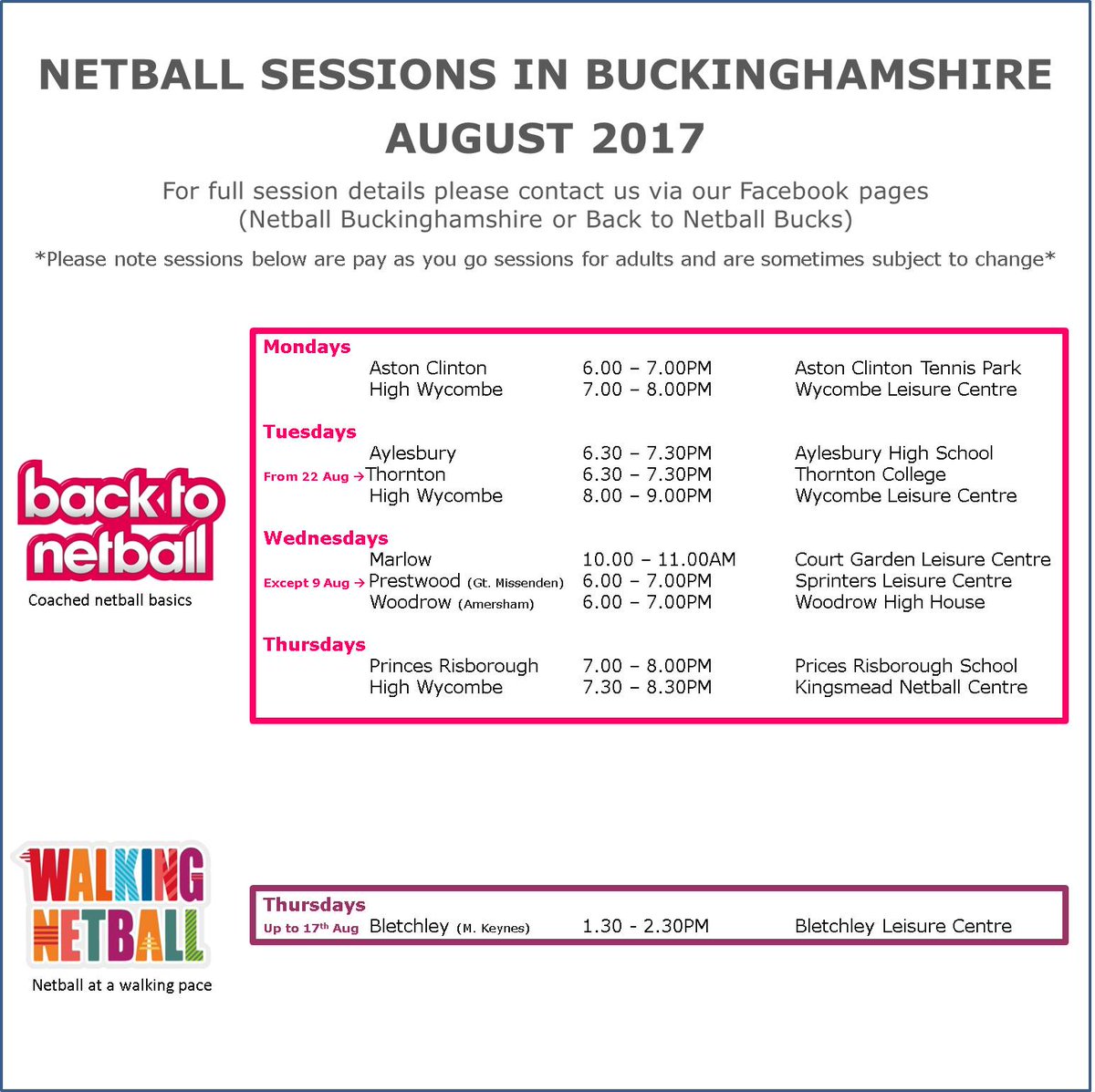 NetballBucks's tweet photo. WE ARE READY FOR AUGUST!! Take a look at the updated list of pay as you go netball sessions running in Bucks this month. #SummerFun #Fitness https://t.co/8JNidFTeqY