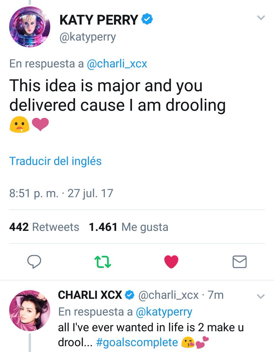 Spain_KatyPerry's tweet photo. "Todo lo que siempre he querido en la vida es hacerte babear... #goalscomplete ππ" - @charli_xcx respondiendo al comentario de Katy. https://t.co/BpDMBU2kGY