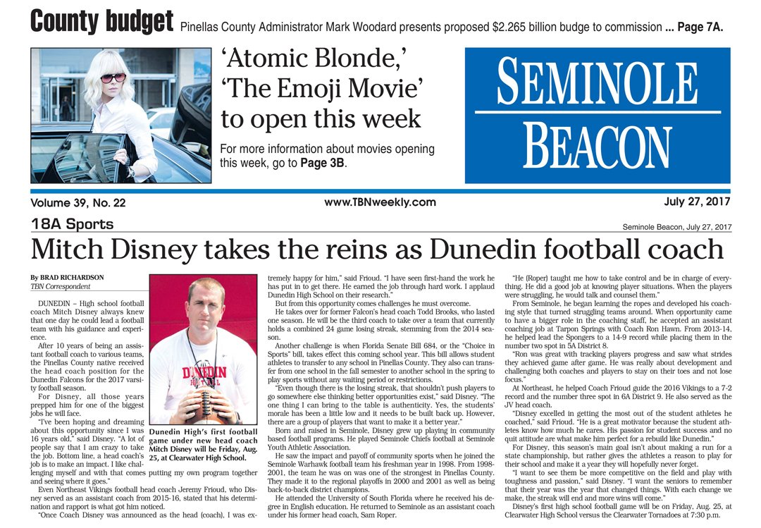 BradKRicha88's tweet photo. It's Here! My #TBNWeekly #SeminoleBeaconπ° #article on @CoachDisney becoming π #HeadCoach of #DunedinFalcons.
https://t.co/LPmjq2qgOS https://t.co/J41s2flwWh