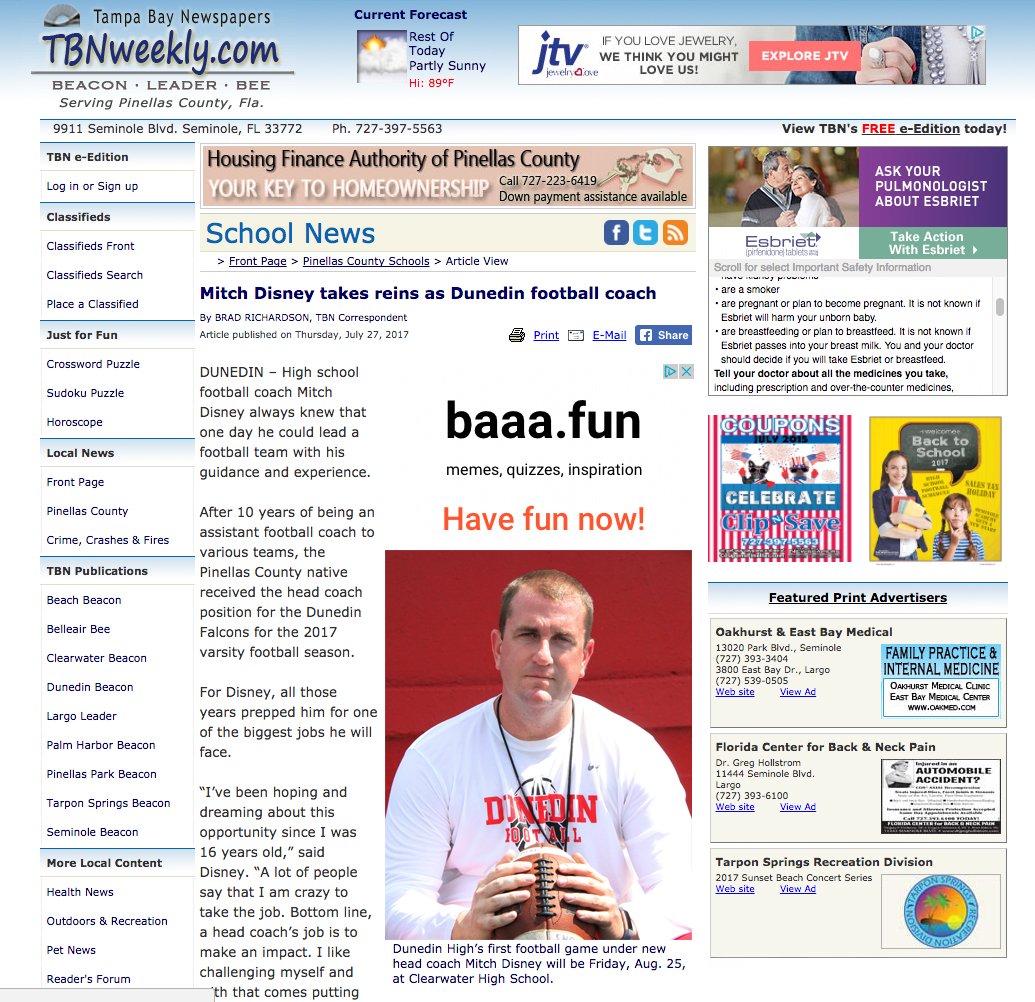 BradKRicha88's tweet photo. It's Here! My #TBNWeekly #SeminoleBeaconπ° #article on @CoachDisney becoming π #HeadCoach of #DunedinFalcons.
https://t.co/LPmjq2qgOS https://t.co/J41s2flwWh