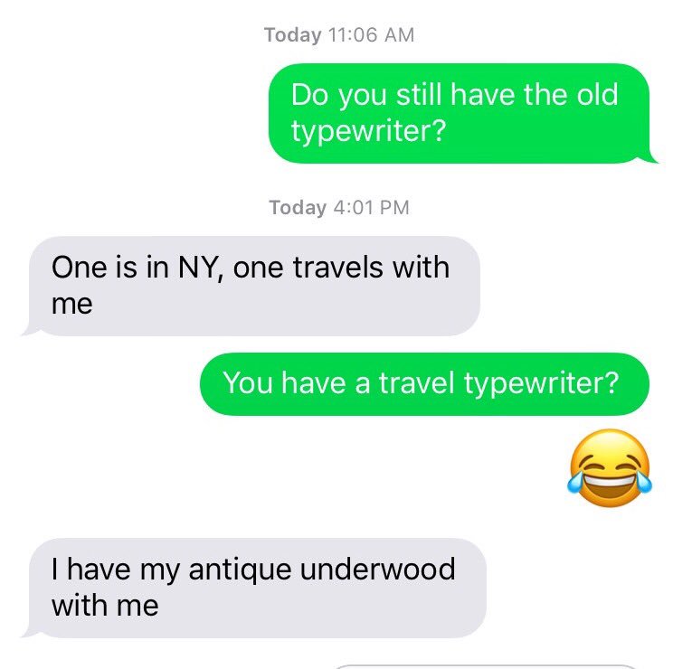 tiffanydw's tweet photo. @NerdettePodcast I had this exchange with my mom today after listening to the summer homework podcast. #traveltypwriter #originalnerd https://t.co/9vBX0cDSuq