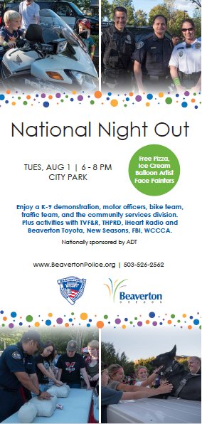 CityofBeaverton's tweet photo. Get ready to party with @BeavertonPolice and a bunch of your neighbors! #neighborsnightout is Tuesday, Aug. 1. https://t.co/WPf0xFY4AJ