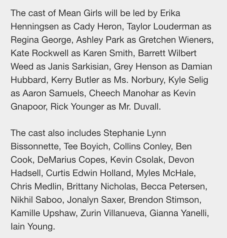 BulletinBway's tweet photo. BREAKING: #BroadwayBound Mean Girls cast announced 👠 
#firststopDC https://t.co/yEiNXJSyX8