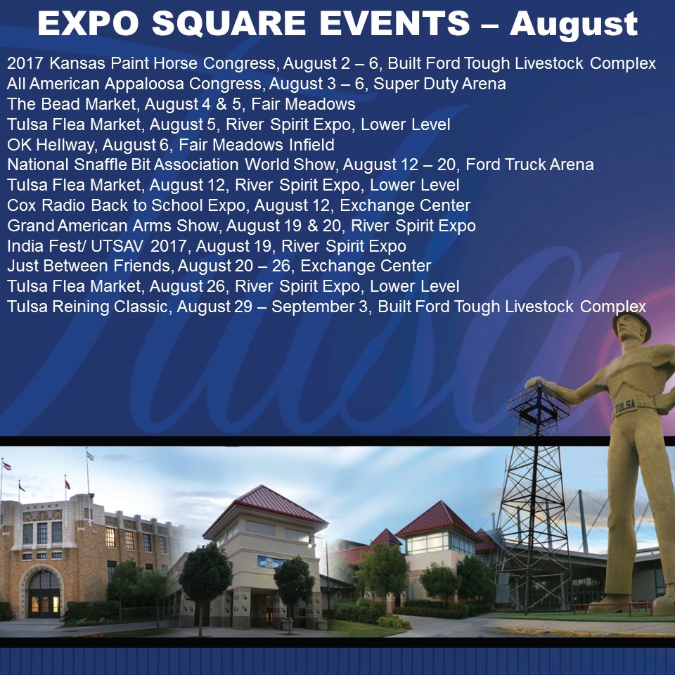 tulsastatefair's tweet photo. Check out all the events at #ExpoSquare in August! https://t.co/0Of15cTDNZ