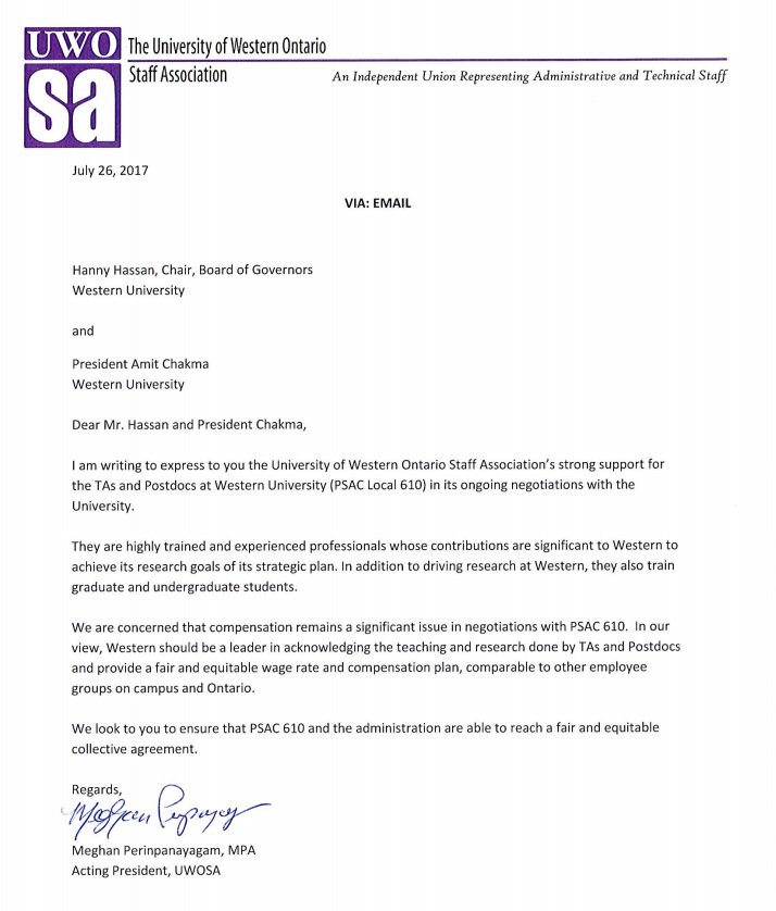 PSAC610's tweet photo. Thanks to @UWOSA for their letter of support for Postdoc members in @PSAC610 @WesternU #SupportPostdocs #SupportResearch https://t.co/TFaKK7kXDV