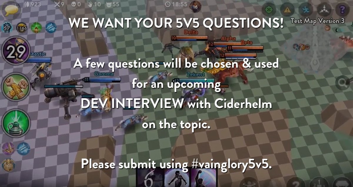 vainglory's tweet photo. WE WANT YOUR 5V5 QUESTIONS!

A few will be chosen &amp; used for an upcoming Dev Interview with @Ciderhelm. Please use #vainglory5v5 to submit. https://t.co/EVyecr83tH