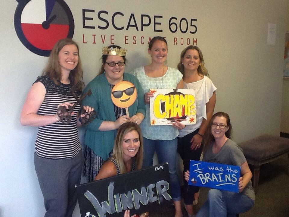 TSP_inc's tweet photo. We escaped! #TeamTSP pulled off a bank heist and broke out of Aunt Edna's condo at @Escape605. https://t.co/xafCoasCK1