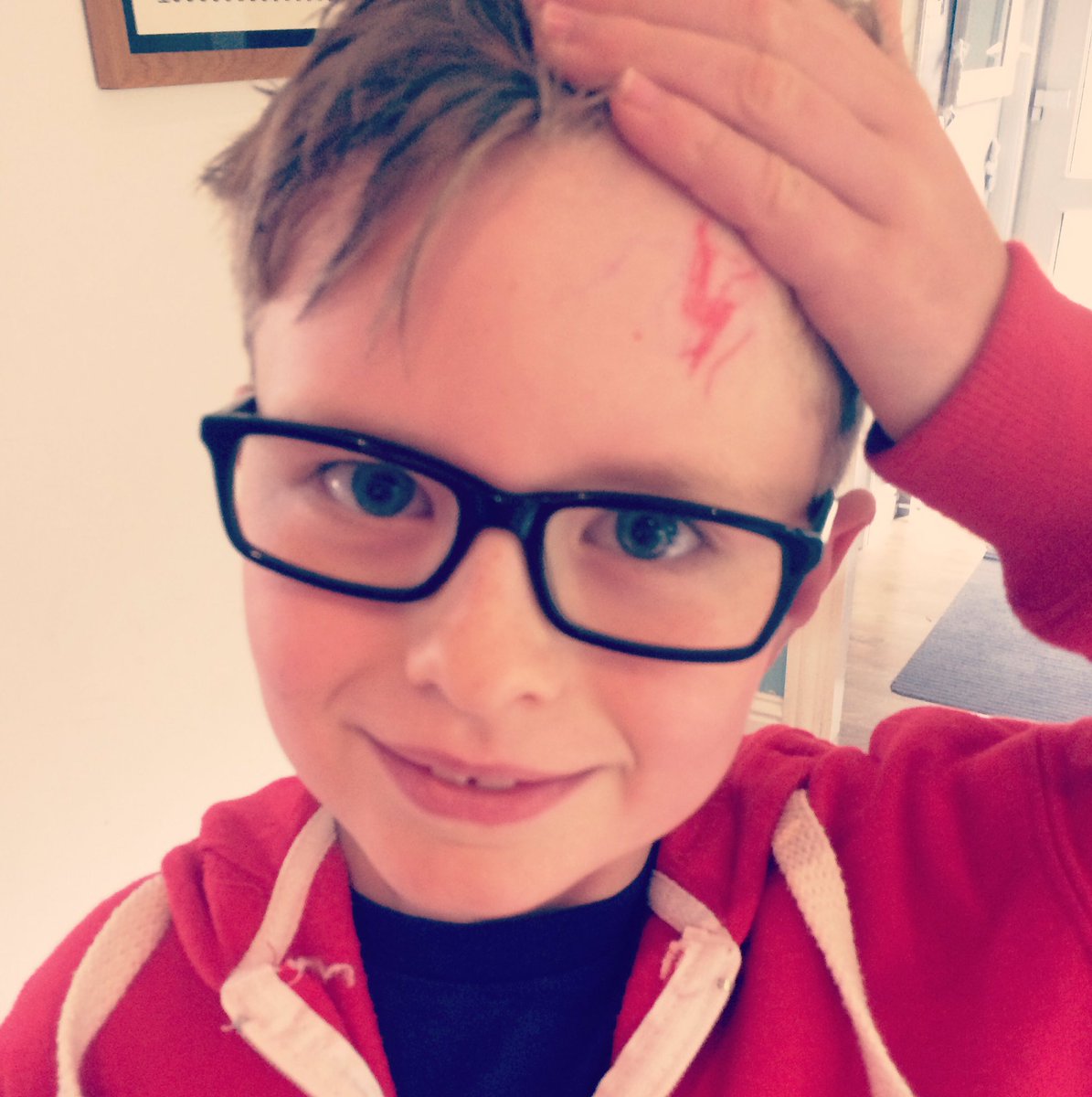 KatyWhitelaw's tweet photo. @jk_rowling my 7yr old is on his 3rd Harry Potter book and appeared down this morning with a DIY red pen scar homage #gettingincharacter https://t.co/OgXUz4MMNw
