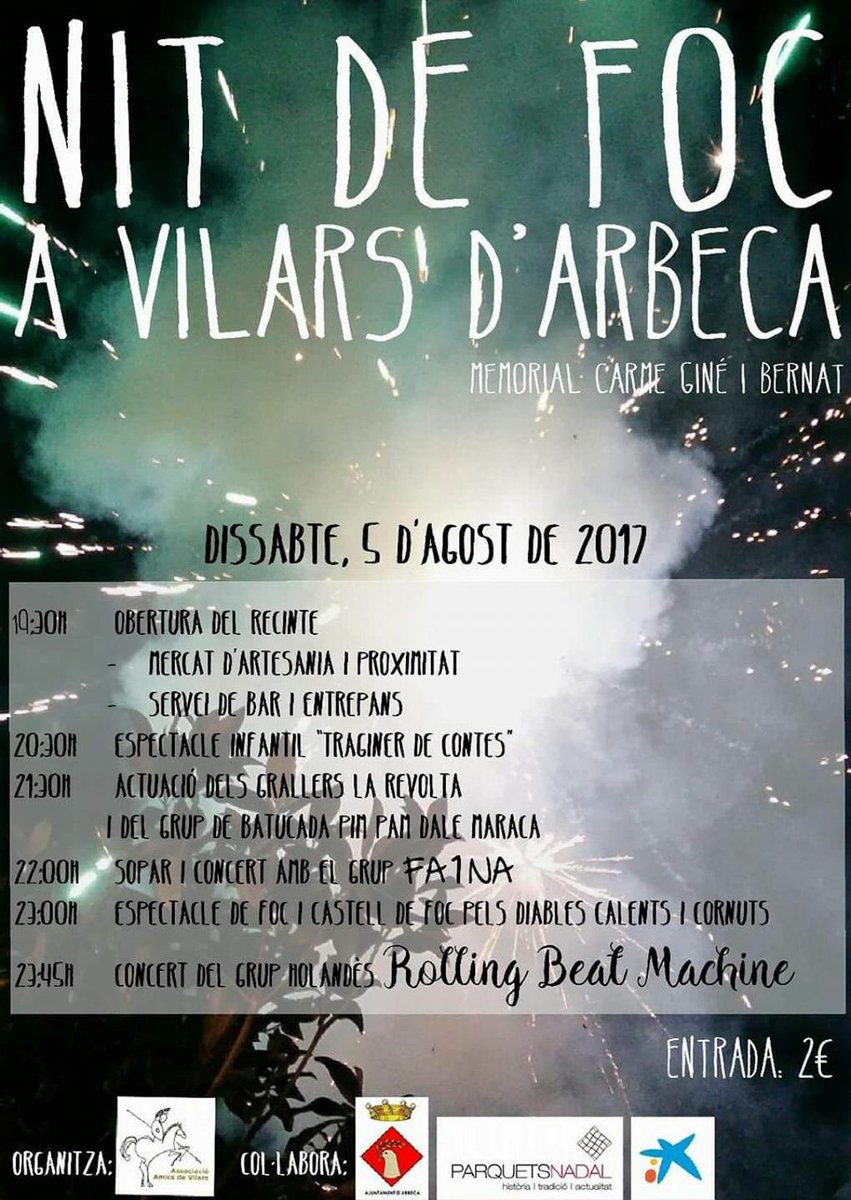 francescrs's tweet photo. El 5 d'agost vine a Arbeca a la #festamajor de Vilars "Nit de Foc"
No t'ho pots perdre! https://t.co/IuQeGaDWrv