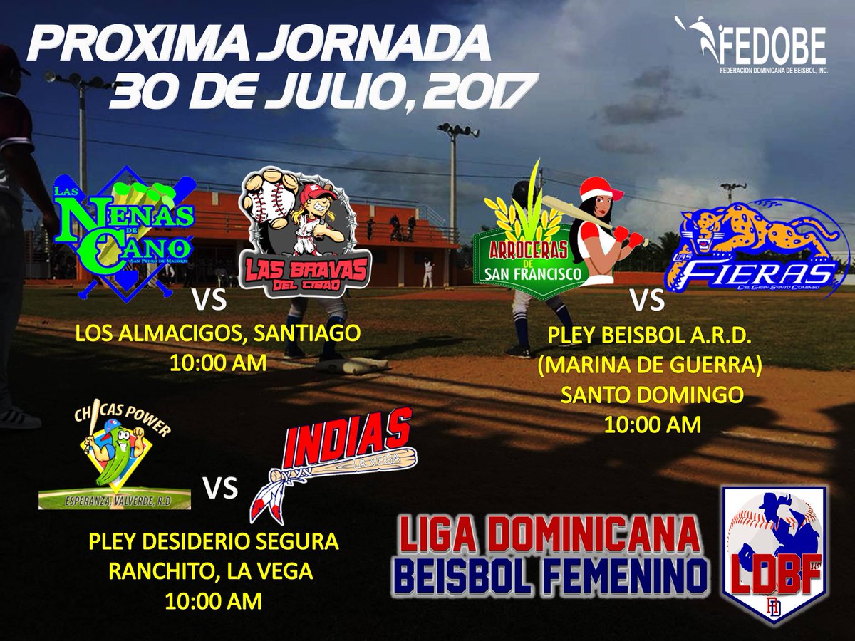 LDBF2017's tweet photo. Partidos para el Domingo 30 
#NenasDeCano vs #BravasDelCibao
#Arroceras vs #Fieras
#ChicasPower vs #Indias
#LDBF2017
#FEDOBE https://t.co/9k2Rk2aksa