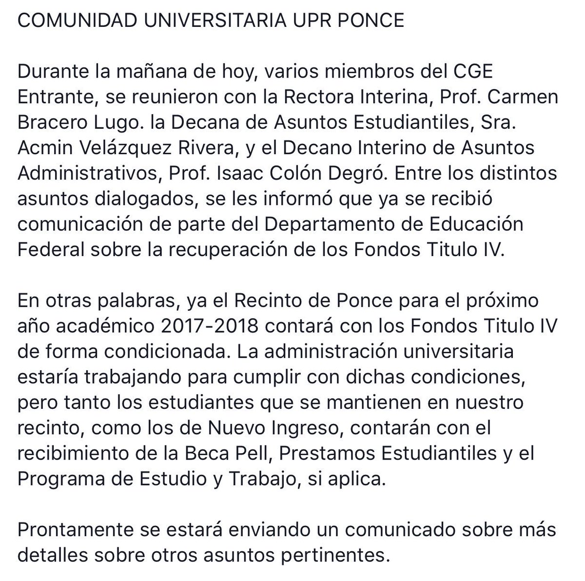 cgeuprp's tweet image. Información referente a la reunión con la nueva Rectora Interina, Prof. Carmen Bracero Lugo, y la recuperación de los Fondos Título IV.