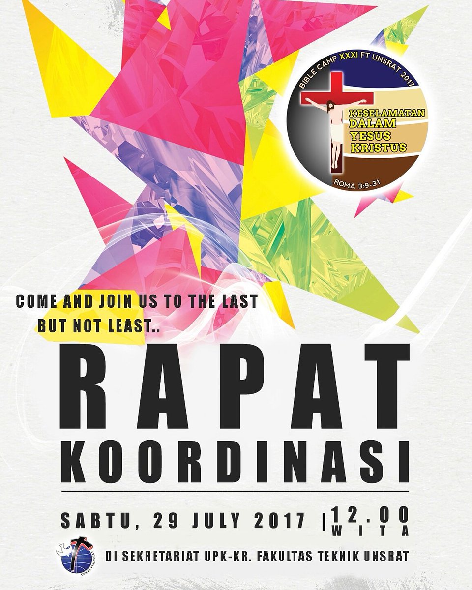 BibleCamp_FT's tweet photo. Syalom..
Diundang untuk teman2 panlak, panrah, & PPA untuk bisa hadir di rapat koordinasi yang terakhir untuk Bible Camp 31..
#bc31
👊😉❤ https://t.co/YetFdzLSjc