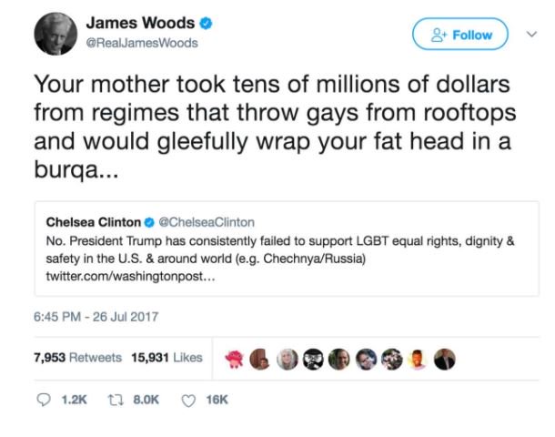 ChicagoTeaParty's tweet photo. .@RealJamesWoods has a few choice words for Webb Hubbell's daughter a.k.a. 
.@ChelseaClinton #tcot #rumptrain
.@KLSouth 
.@Mr_Pinko https://t.co/8vvpiu08B5